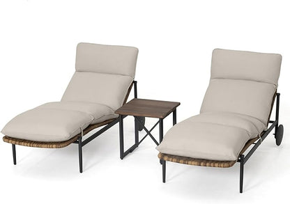 Chaise Lounge Chair Outdoor 3PCS - PE Rattan Wicker Patio Pool Lounge Chairs Set of 2 with Cushion and Wheels, Aluminum Waterproof Lounger with Wood Side Table for Poolside Backyard Porch