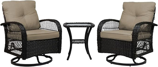 Patio Furniture Set Swivel Rocker, Outdoor Patio Chairs, 3 Piece Suit Porch Furniture Rocking Set, Backyard and Garden Rocker Rattan Chair, with Thickened Cushions and Glass Coffee Table(Brown)