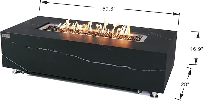 Elementi+ | Varna Gas Fire Pit | Marble Porcelain & Metal Frame | 60" Rectangular Fire Table | Electronic Ignition | Canvas Cover, Fire Glass & Burner Lid Included | Black | Natural Gas