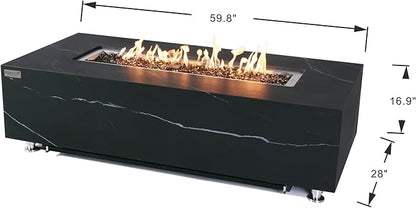 Elementi+ | Varna Gas Fire Pit | Marble Porcelain & Metal Frame | 60" Rectangular Fire Table | Electronic Ignition | Canvas Cover, Fire Glass & Burner Lid Included | Black | Propane Gas