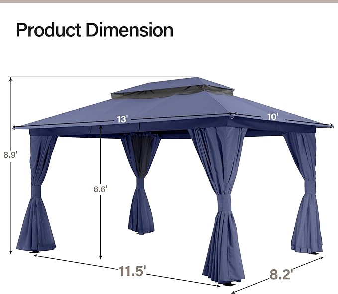 LAUSAINT HOME Outdoor Patio Gazebo 10'x13' with Expansion Bolts, Heavy Duty Gazebos Shelter Party Tent with Double Roofs, Mosquito Nettings and Privacy Screens for Backyard, Garden, Lawn, Navy Blue