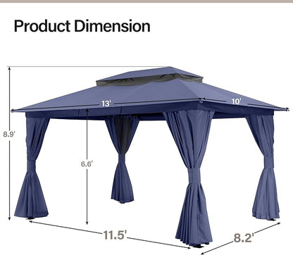 LAUSAINT HOME Outdoor Patio Gazebo 10'x13' with Expansion Bolts, Heavy Duty Gazebos Shelter Party Tent with Double Roofs, Mosquito Nettings and Privacy Screens for Backyard, Garden, Lawn, Navy Blue