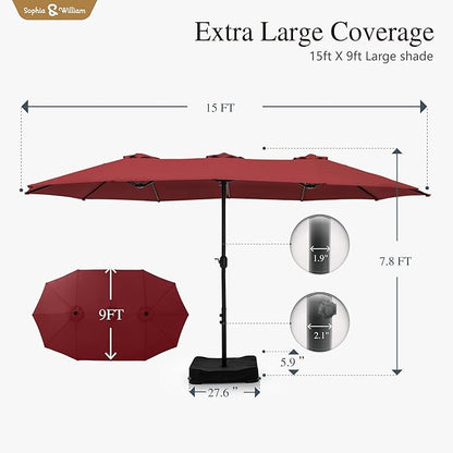 Sophia & William 15 ft Extra Large Patio Umbrella with Base Included, Rectangular Outdoor Umbrella Heavy Duty, Market Umbrella Double-sided Fade Resistant for Pool Garden Backyard, Burgundy