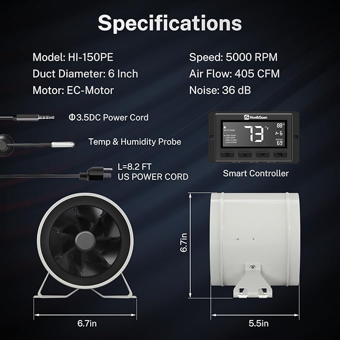 Hon&Guan PRO 6 Inch Inline Duct Fan - 405 CFM with Quiet EC Motor & Temperature Humidity Smart Controller, Ventilation Exhaust Fan for Heating Cooling, Grow Tents, Hydroponics (White&Black)