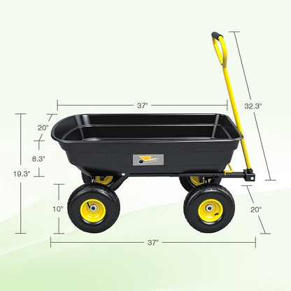 Garden Dump Cart, Heavy-Duty Utility Wagon with 600 lb Capacity, 4 Cu Ft Bed, 10" Pneumatic Tires, 180° Pivot Steering for Yard, Lawn, and Beach Use
