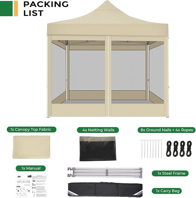 COBIZI 10x10 Heavy Duty Pop Up Canopy Tent with 4 Sidewalls, Commercial Gazebo Party Tent with Mosquito Netting Wall Easy Set Up Outdoor Instant Screen Canopy for Backyard, Patio, Garden, Khaki