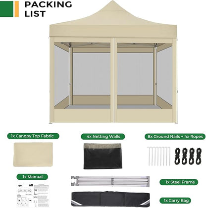 COBIZI 10x10 Heavy Duty Pop Up Canopy Tent with 4 Sidewalls, Commercial Gazebo Party Tent with Mosquito Netting Wall Easy Set Up Outdoor Instant Screen Canopy for Backyard, Patio, Garden, Khaki