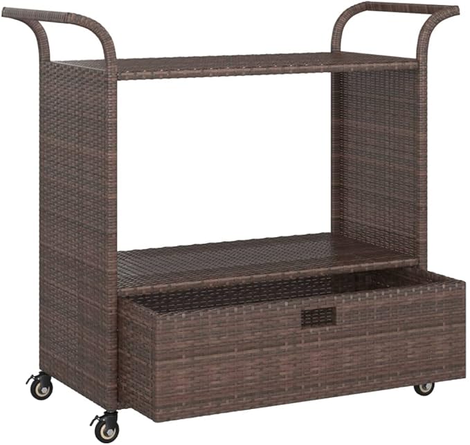 Outdoor Rolling Wicker Bar Cart with Drawer, Portable Bar Cart with Wheels, Patio Kitchen Island Cart for Pool Deck Backyard, Brown 39.4"x17.7"x38.2" Poly Rattan -459