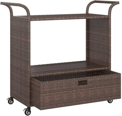 Outdoor Rolling Wicker Bar Cart with Drawer, Portable Bar Cart with Wheels, Patio Kitchen Island Cart for Pool Deck Backyard, Brown 39.4"x17.7"x38.2" Poly Rattan -459