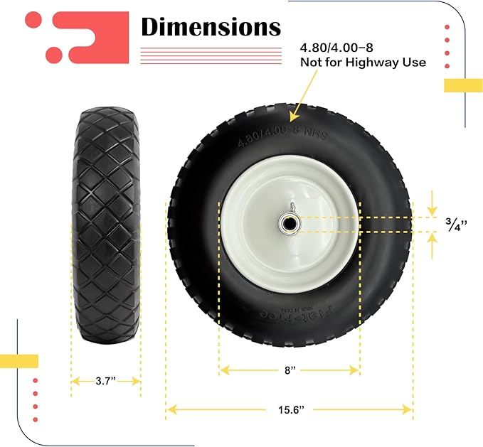 2-Pack 4.80-8 Wheelbarrow Tire and wheel with 3"-6''Centered Hub, 3/4" or 5/8''or 1/2'' Bearings, 16‘’ Tire Assembly for Hand Truck,Garden Cart (4.80/4.00-8 Flat Free,3"Center Hub,Knobby Tread)