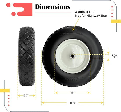 2-Pack 4.80-8 Wheelbarrow Tire and wheel with 3"-6''Centered Hub, 3/4" or 5/8''or 1/2'' Bearings, 16‘’ Tire Assembly for Hand Truck,Garden Cart (4.80/4.00-8 Flat Free,3"Center Hub,Knobby Tread)