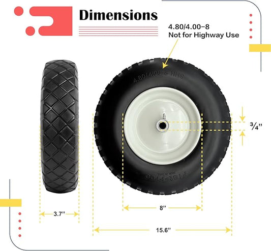 2-Pack 4.80-8 Wheelbarrow Tire and wheel with 3"-6''Centered Hub, 3/4" or 5/8''or 1/2'' Bearings, 16‘’ Tire Assembly for Hand Truck,Garden Cart (4.80/4.00-8 Flat Free,3"Center Hub,Knobby Tread)