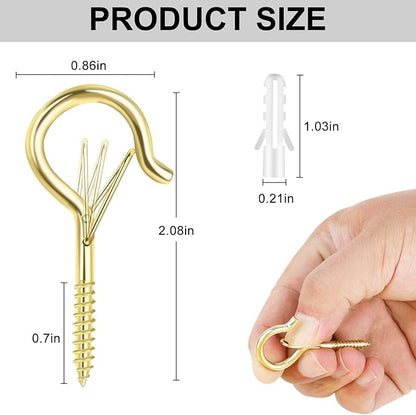 12 PCS Q-Hanger Hooks, Screw Hooks for Outdoor String Lights, Safety Buckle Design Cup Eye Hook for Hanging Christmas Lights, Plants, Wind Chimes, Mounted on Wall Ceiling, Windproof, Gold