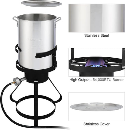 Turkey Fryer Pot with Basket and Burner, 54000-Btu Propane Fryers, include 30qt Deep Pot & 10qt Fish Fryer, Aluminum & Iron, Rapid Heating, Complete Outdoor Cooking Kit for Boiling and Frying, Silver