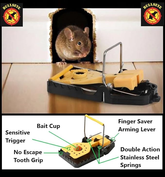 Bullseye - 6 Pack - Rat Traps - Indoor/Outdoor, Reusable, Easy Setup, Powerful Stainless Steel Spring, Tough ABS Body. Set Traps Without Getting Snapped. Great for Rats, Chipmunks & Other Rodents