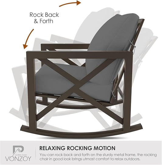 Outdoor Rocking Bistro Set, Patio Rocking Chairs Set of 2 with Coffee Table, 3 Pieces Metal Conversation Sets with 6.5" Thick Cushions for Backyard, Porch, Poolside, Oversized (Gray)