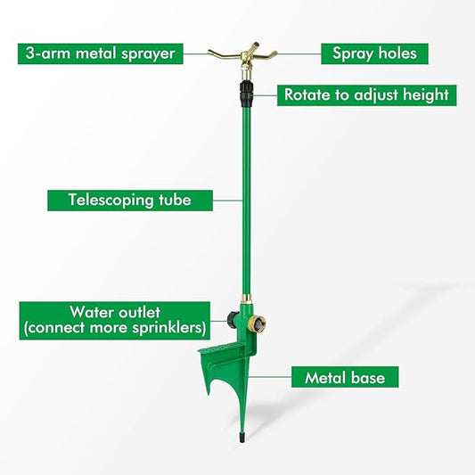 [2 Pack] RESTMO 3-Arm Sprinkler with Adjustable Telescoping Base, 360 Degree Rotation High-Rise Lawn Sprinkler for Large Area Coverage, Gardening Watering System Sprinklers, Lawn Irrigation System