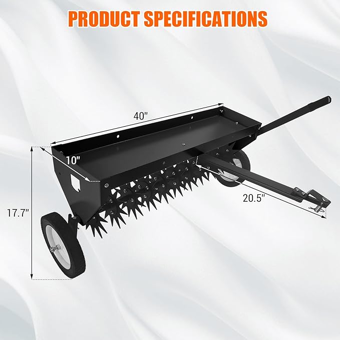 Tow Behind Aerator 40 Inch with Steel Teeth and Transport Wheels, Adjustable Handle Pull Behind Plug Aerator with Tray for Farm Lawn Garden, Durable Lawn Aeration Tool