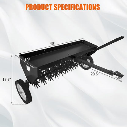Tow Behind Aerator 40 Inch with Steel Teeth and Transport Wheels, Adjustable Handle Pull Behind Plug Aerator with Tray for Farm Lawn Garden, Durable Lawn Aeration Tool