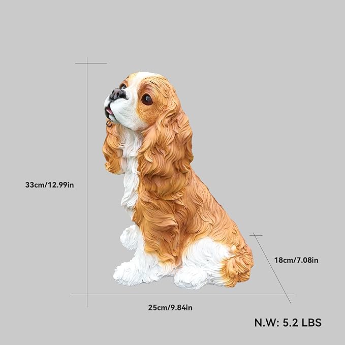 Sunny Cavalier King Charles Spaniel Solar Welcome Dog Statue, Hand-Painted Sitting Resin Puppy Figurine with Dual Signs and Lantern for Garden, Patio, and Front Porch Décor
