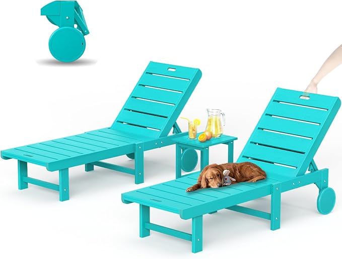 Outdoor Chaise Lounge Chairs with Table, 3-Piece, 26.8” Super Wide Lounge Chair Outdoor, HDPS Pool Chairs with 5 Positions, Patio Lounge Chair with Wheels for Pool,Lawn,Backyard, Aruba Blue