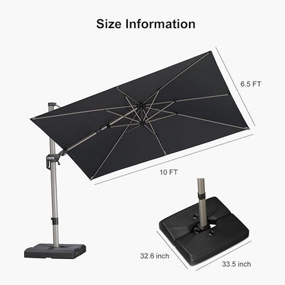 PURPLE LEAF 10' X 6.5' Left-right Tilting Patio Umbrella with Base Outdoor Swivel Cantilever Offset Aluminum Umbrella with Champagne Frame and 360-degree Rotation for Garden Deck Pool, Grey