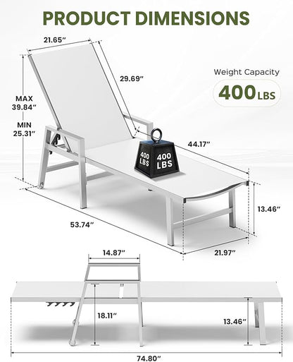 Patio Chaise Lounge Chair Outdoor with Wheels&Armrests, Aluminum Pool Lounge Chairs Set of 2 Five-Position Adjustable Recliner, Outdoor Beach Lounge Chairs for Poolside, Patio, Deck, Yard, White