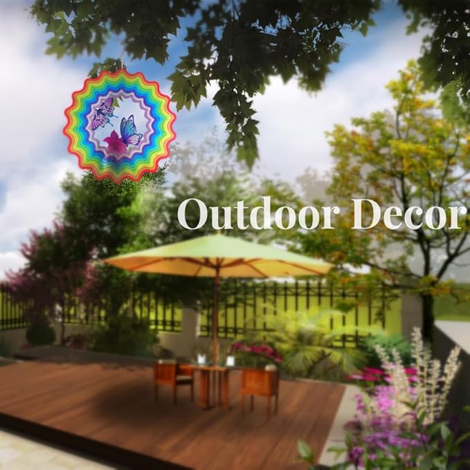 Butterfly Wind Spinner Outdoor Mental Kinetic Wind Spinner for Yard and Garden Rainbow Gifts Hanging Lawn Ornaments 3D Visual Effect(12''-1pc, Butterfly Rainbow)