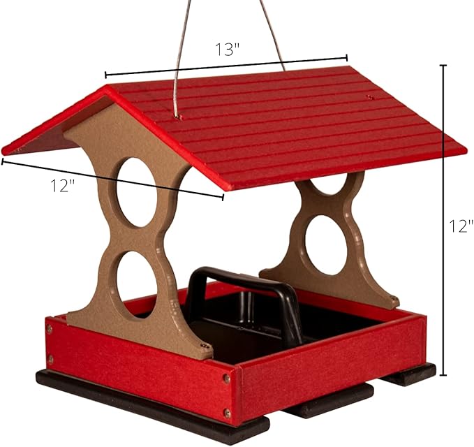JCS Wildlife Medium Poly Fly-Thru Bird Feeder w/Removable Seed Tray - Holds 4 Cups of Bird Seed to Attract Cardinals, Chickadees, and More Backyard Birds (Red and Tan)