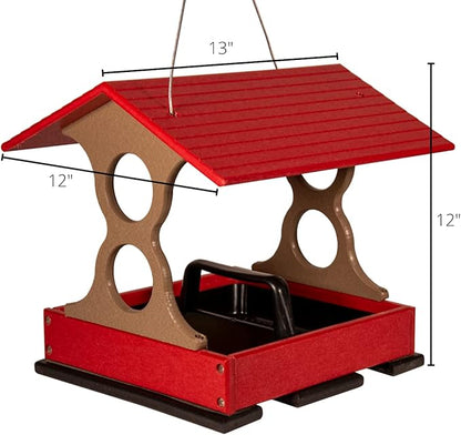 JCS Wildlife Medium Poly Fly-Thru Bird Feeder w/Removable Seed Tray - Holds 4 Cups of Bird Seed to Attract Cardinals, Chickadees, and More Backyard Birds (Red and Tan)