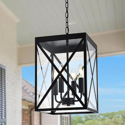 Black Outdoor Pendant Light 4 Lights Outside Pendant Hanging Light Fixture Ceiling Mount with Clear Glass Industrial Hanging Chandelier Latern for Porch,Entryway,Doorway,Farmhouse