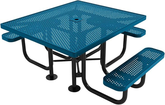 COATEDOUTDOORFURNITURE Heavy-Duty Portable ADA-Compliant Outdoor Picnic Table with Umbrella Hole, Punched Steel Patio Dining Furniture Made in America (46" Square Top, Light Blue)