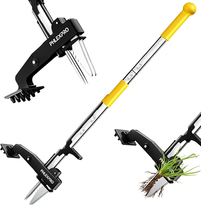 4-Claw Stand Up Weed Puller Tool, Gardening Hand Weeding Tool with 39.3" Long Ergonomic Handle with Easy-Eject Mechanism-Yellow