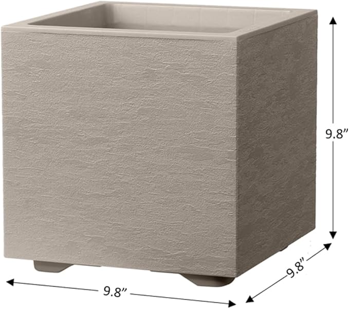 Deroma Gravity 10” Cube Planter | Light & Durable Plastic | Indoor or Outdoor Square Pot for Patio/Porch | Includes Water Reserve & Drain Plug | Trendy Planter for Plants, Flowers, Garden | Sandstone