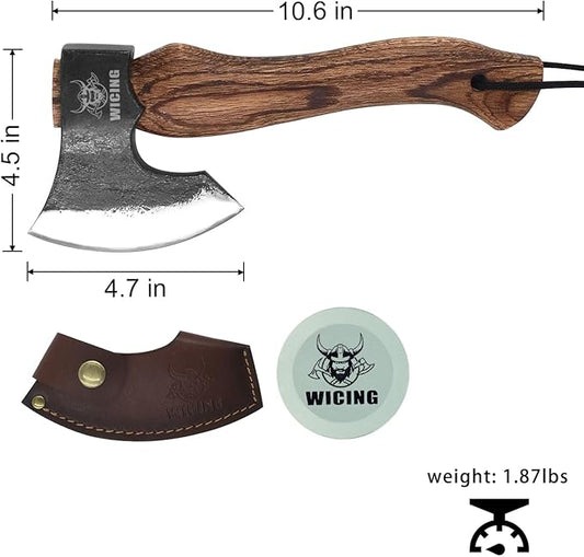 10.6 in Hatchet, 1065 Manganese Steel and Beech Wood Handle with Leather Sheath for Camping, Carving, Bushcraft Outdoor