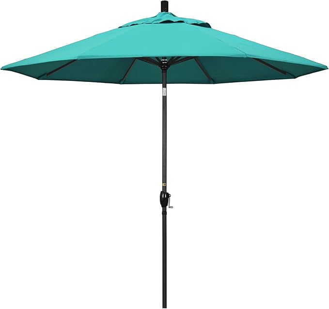 California Umbrella 9' Rd Pacific Trail Series Aluminum Patio Umbrella, Crank Lift, Push Button Tilt, Black Finish, Sunbrella Aruba Fabric
