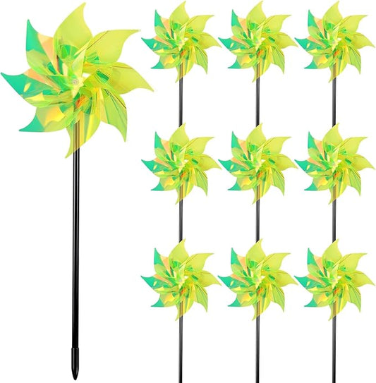 Hausse 10 Pack Reflective Pinwheels Wind Spinner, Extra Sparkly Pinwheel with Stakes, Bird Repellent Blinder Devices Deterrent to Scare Birds Away from Yard Patio Farm Garden, Transparent Yellow
