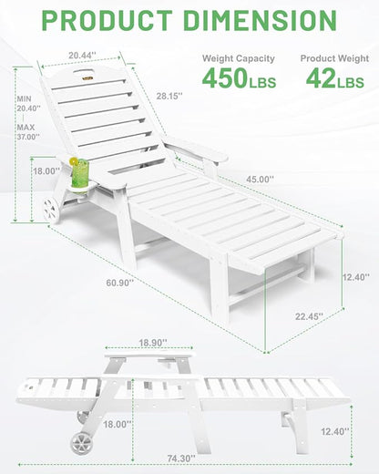 Lounge Chair Outdoor Set of 4 with Wheels, Adjustable 6-Position Chaise Lounge Outdoor, Patio Lounge Chair for Poolside Backyard, White
