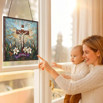 Personalized Rectangle He is Risen Suncatchers for Windows, Stained Glass Window Hangings,Hand-Painted Glass Panel Perfect for Home Décor