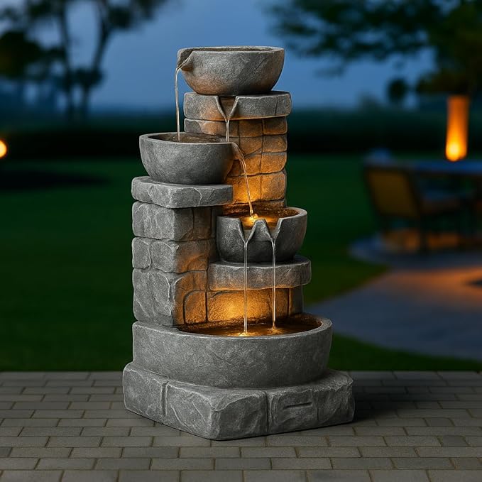 Teamson Home 33" Outdoor Water Fountain with LED Lights, 3-Tier Cascading Bowls, Weather-Resistant Resin Garden Water Feature for Patio, Lawn, and Backyard Decor – Stone Gray