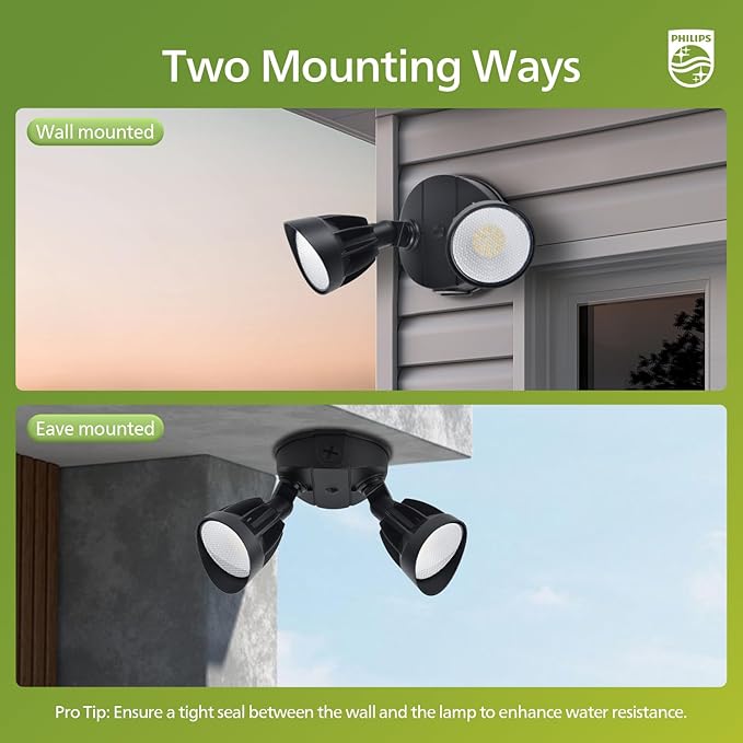 Philips 2 Packs 44W 3500LM ‌LED Security Flood Light‌ ‌Outdoor‌，Switch Controlled Aluminum ‌Security Light‌, 2 Adjustable Heads，5000K Daylight，Wet Location for Patio, Garden, Yard Lights