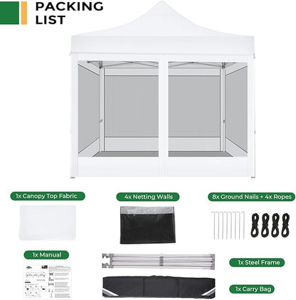 COBIZI 10x10 Heavy Duty Pop Up Canopy with 4 Mosquito Netting Wall, Easy Set Up Commercial Gazebo Party Tent, Outdoor Instant Screen Canopy for Backyard, Patio, Garden, White