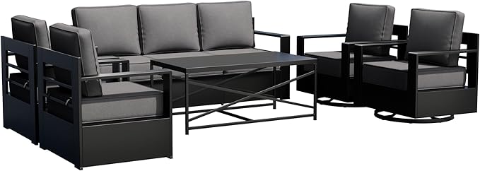 Outdoor Patio Furniture Set, 6-Piece Aluminum Patio Conversation Set All-Weather Metal Outdoor Sectional with 6 Inch Thick Cushions, Deep Setting for Garden, Outside and Porch