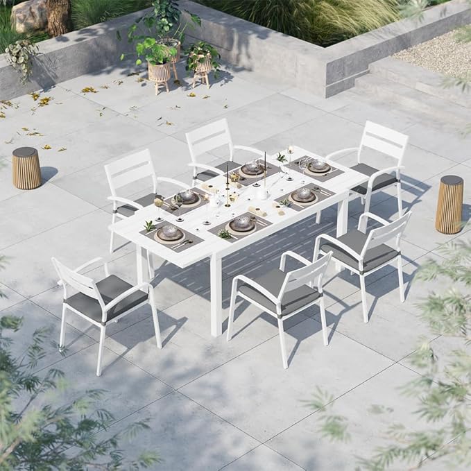 Soleil Jardin Aluminum Patio Extendable Dining Table, 59" - 83", Adjustable Indoor Outdoor Furniture Rectangle Table for 6-8 Person Porch Deck Garden, White