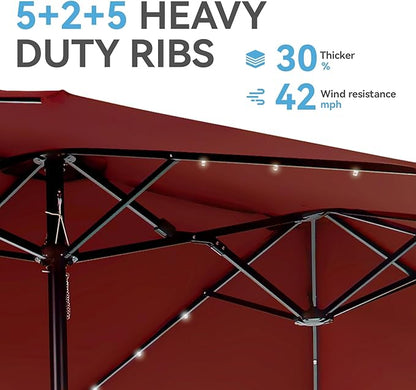 GREEN PARTY 15 ft Rectangle Patio Umbrella with Solar Lights and Base Included, Double-Sided Market Table Umbrella with Crank, Large Outdoor Umbrellas for Patio Poolside Garden Backyard, Burgundy Red