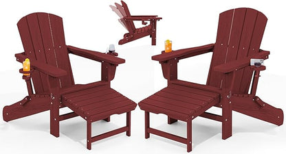 KINGYES Folding Adjustable Adirondack Chair with Ottoman & 2 Cup Holders Set of 2, HDEP Reclining Adirondack Chair with Footrest, Red