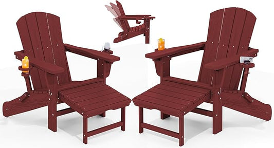 KINGYES Folding Adjustable Adirondack Chair with Ottoman & 2 Cup Holders Set of 2, HDEP Reclining Adirondack Chair with Footrest, Red