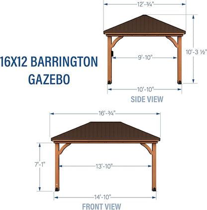 Backyard Discovery Barrington 16' x 12' Cedar Wood Outdoor Gazebo Pavilion with Hardtop Galvanized Steel Hip Roof, Snow Support, Wind Resistance, PowerPort, Shade for Garden, Patio, Deck, Entertaining