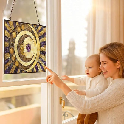 Rectangle Sun and Moon Suncatcher Indoor/Outdoor Stained Glass Window Hanging Handmade Suncatchers Home Decor Garden Christmas Party Wedding Housewarming Gifts
