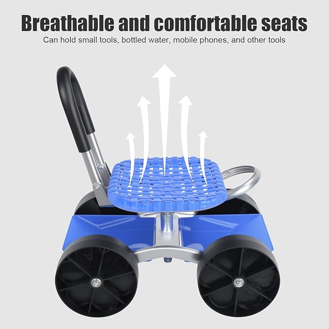 Rolling Garden Cart with Seat, Adjustable 360° Swivel Garden Stool with Wheels, Outdoor Lawn Yard Rolling Work Seat, Patio Scooter on Wheels for Lawn Yard Planting (Blue)